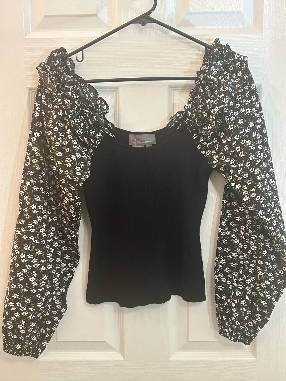 By Anthropologie Woven Ruffle-Sleeve Sweater Black Floral Mixed Media Size S